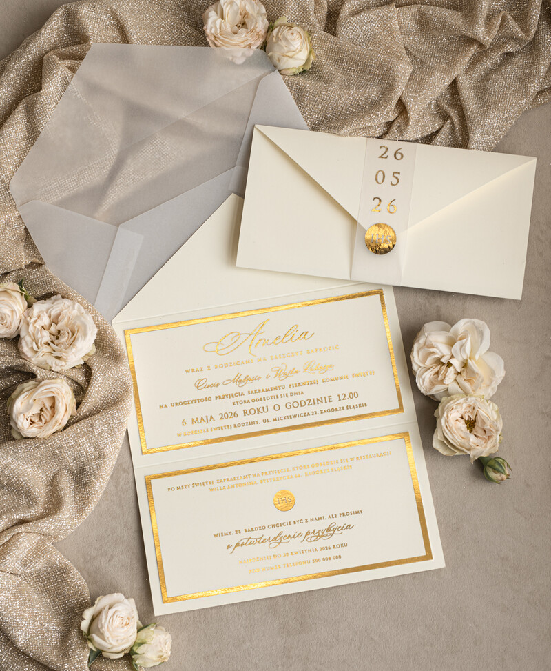 Złote i Eleganckie Zaproszenia Komunijne dla Dziewczynki - idealne na Pierwszą Komunię-0