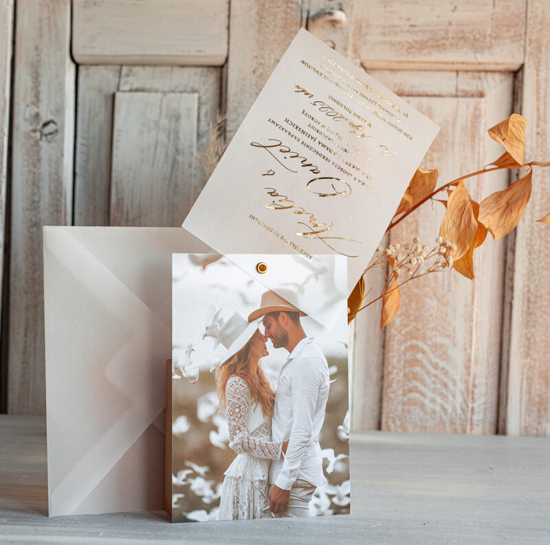 Eleganckie Złote zaproszenia ślubne ze zdjęciem – Zaproszenie na ślub z Waszym zdjęciem