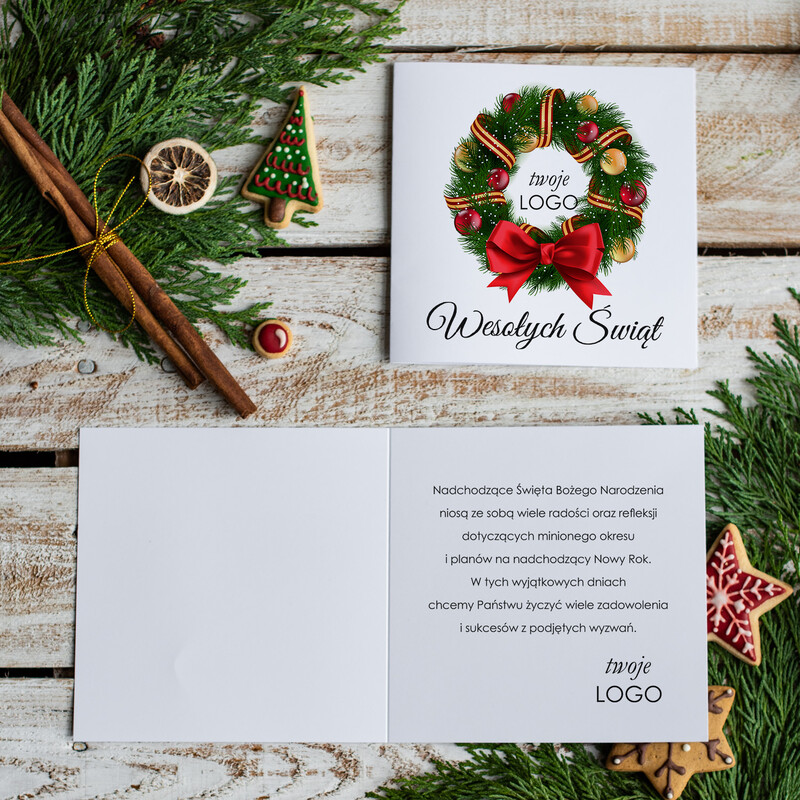 Firmowe kartki świąteczne z logo, białe kartki świąteczne z grafiką i sznurkiem: idealne prezenty dla klientów i pracowników!-1