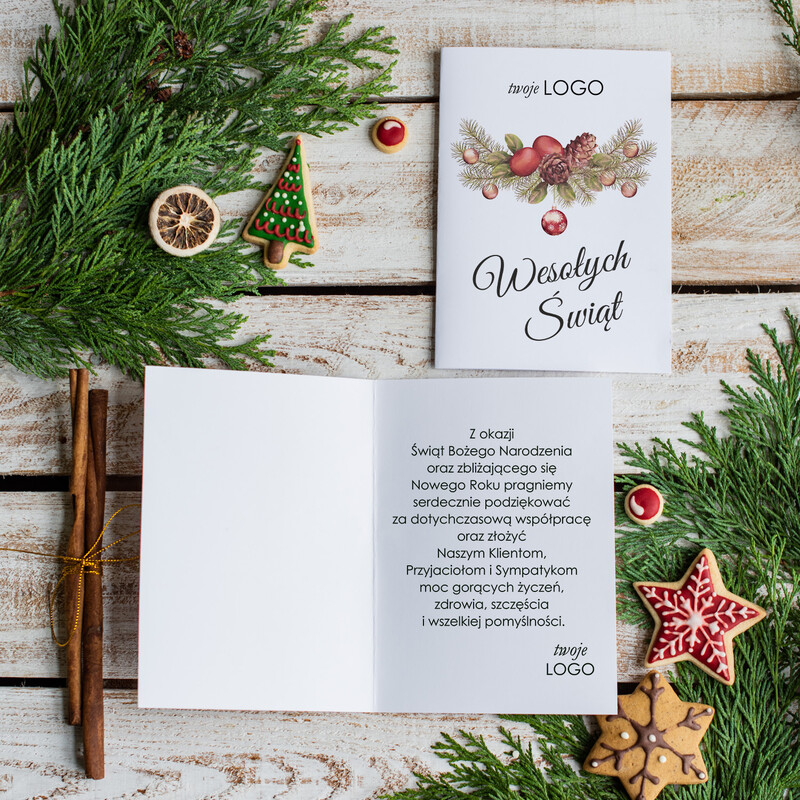 Eleganckie firmowe kartki bożonarodzeniowe z logo, ozdobione białe kartki świąteczne z grafiką i sznurkiem-1