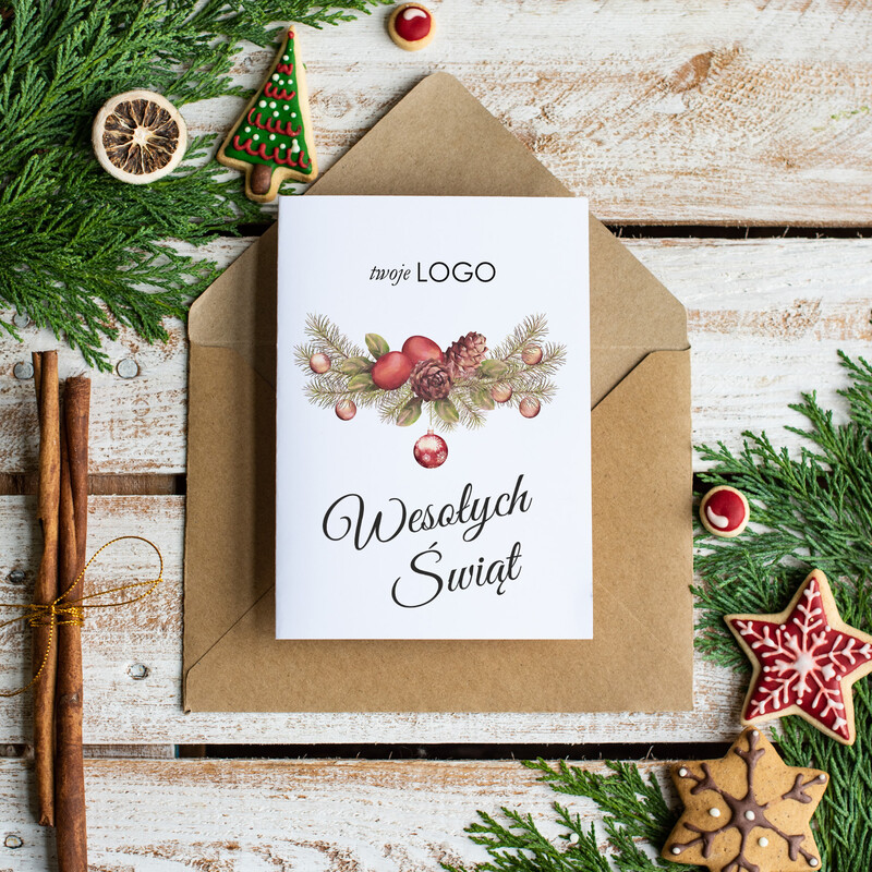 Eleganckie firmowe kartki bożonarodzeniowe z logo, ozdobione białe kartki świąteczne z grafiką i sznurkiem-0
