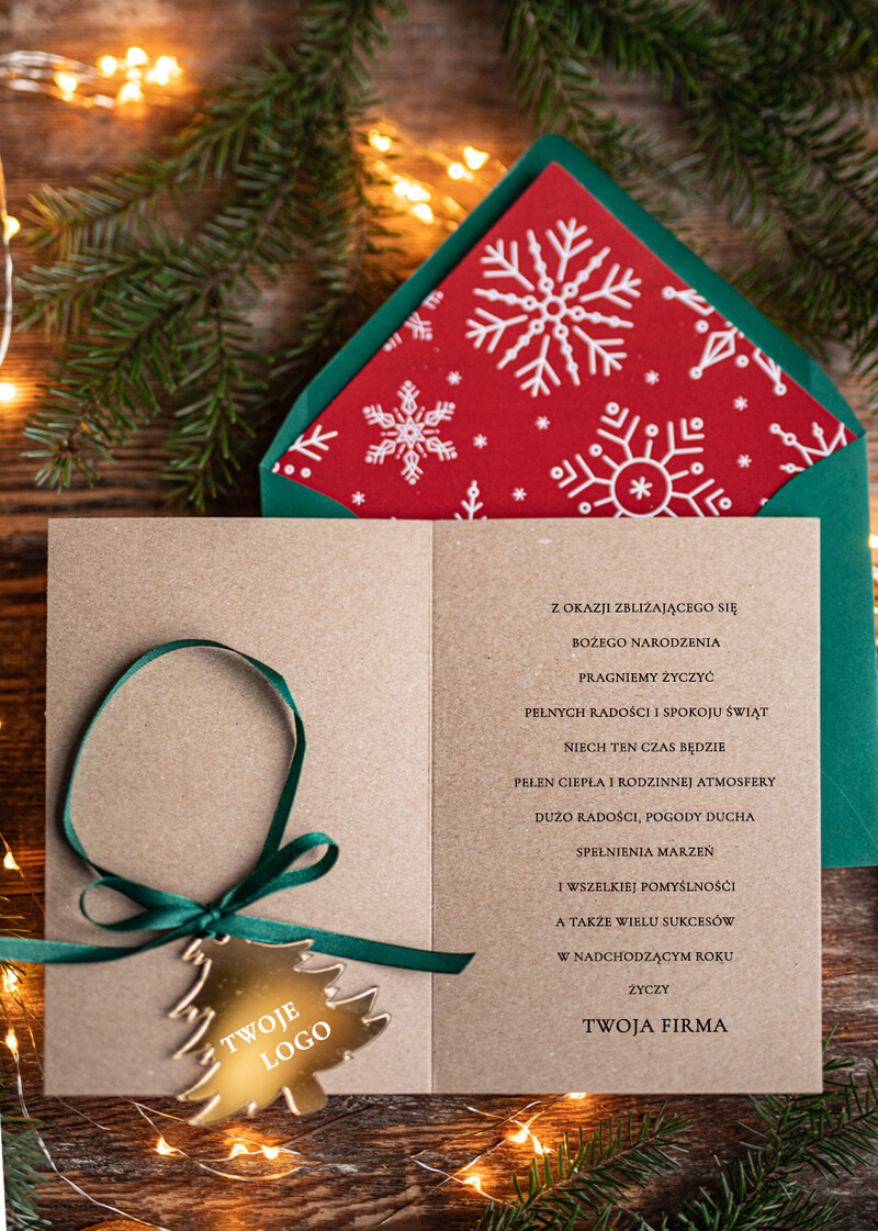 Kartki świąteczne dla firm: Złota bombka zawieszka na choinkę z logo firmy - świateczna kartka firmowa z motywem choinki-1