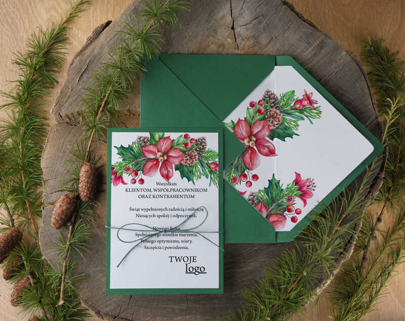 Ręcznie robione kartki świąteczne z logo firmy: bożonarodzeniowe kartki z drewnianą zawieszką i sznurkiem-2