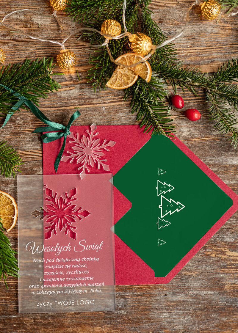 Kartka świąteczna z Twoim logo: Bożonarodzeniowe kartki z drewnianą zawieszką i sznurkiem-1