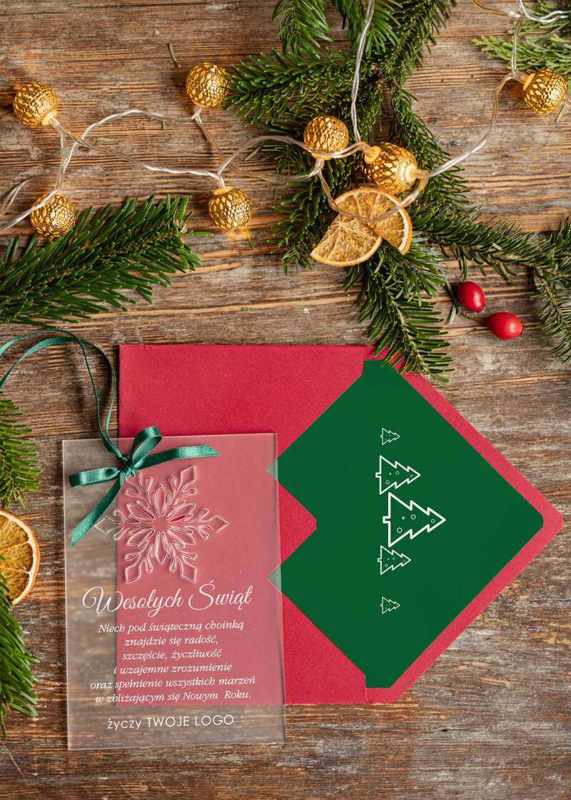 Kartka świąteczna z Twoim logo: Bożonarodzeniowe kartki z drewnianą zawieszką i sznurkiem-0