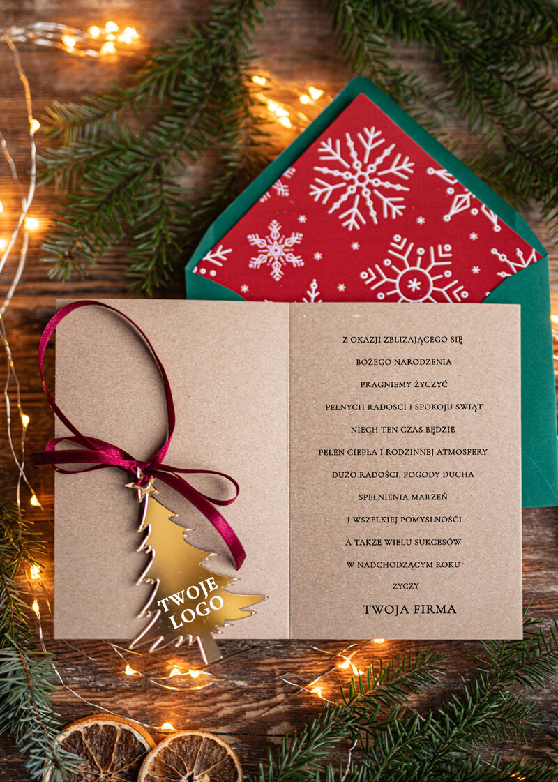 Kartki świąteczne dla firm: złota bombka zawieszka na choinkę z logo firmy - świąteczna kartka firmowa z motywem choinki-1
