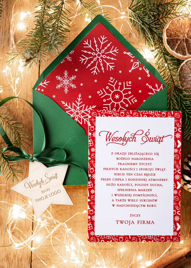 Kartki świąteczne dla firm z drewnianą bombką, zawieszką na choinkę z logo firmy i gwiazdką - idealne świąteczne kartki firmowe-1
