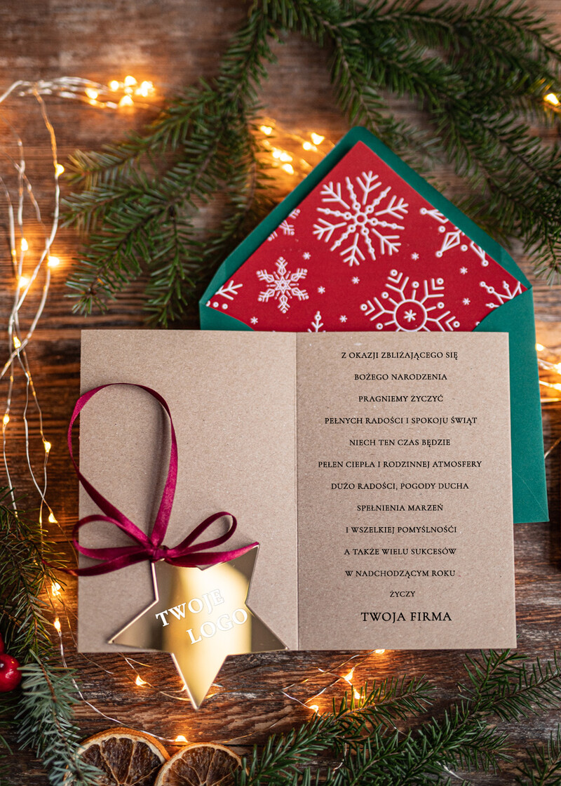 Kartki świąteczne dla firm: Złota bombka zawieszka na choinkę z Logo firmy - świateczna kartka firmowa z motywem choinki-2